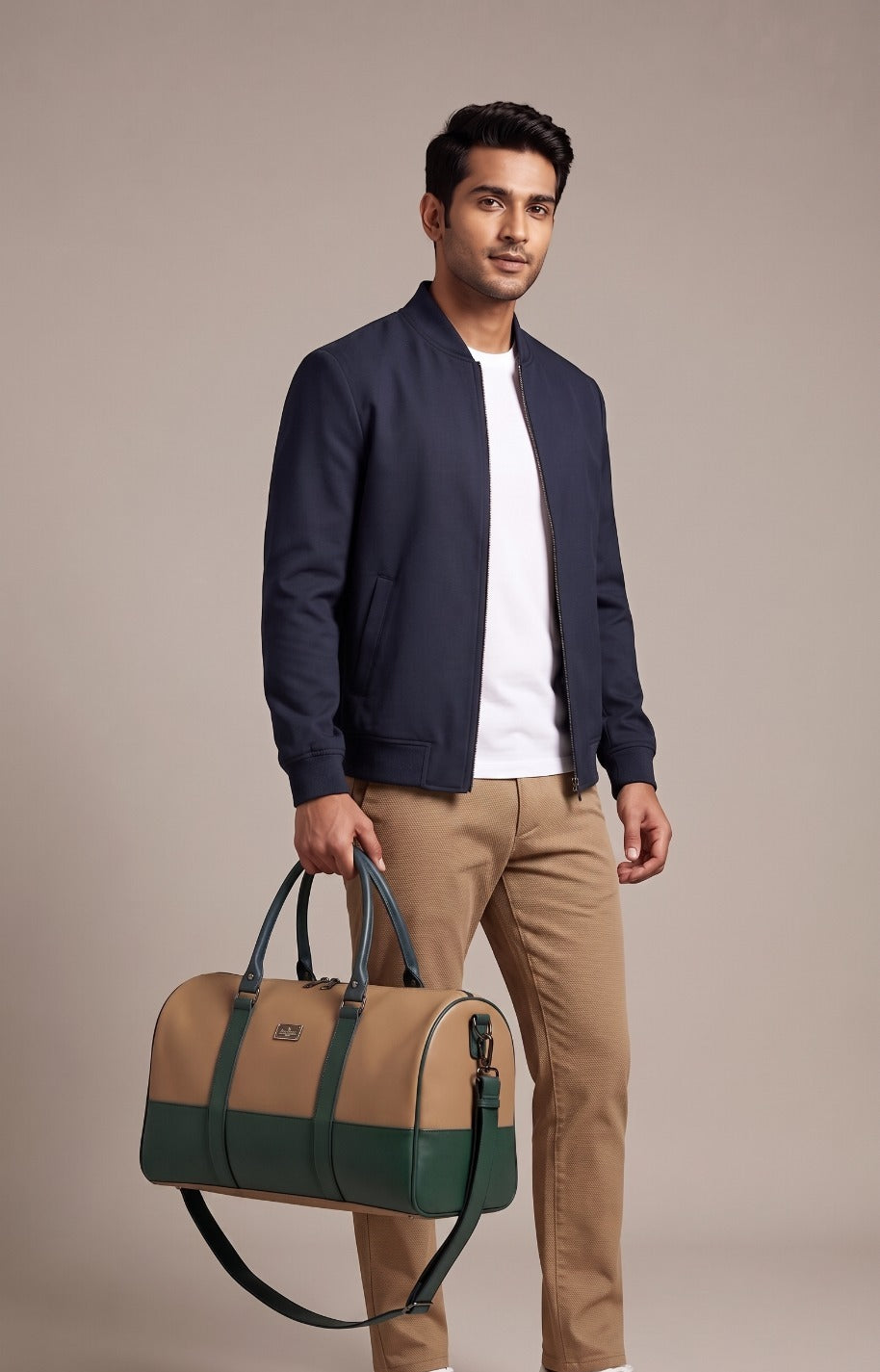 Waterproof Travel Duffle Bag for Men & Women | 3 Inner Pockets | Premium Weekender Luggage Bag | Beige & Navy Blue