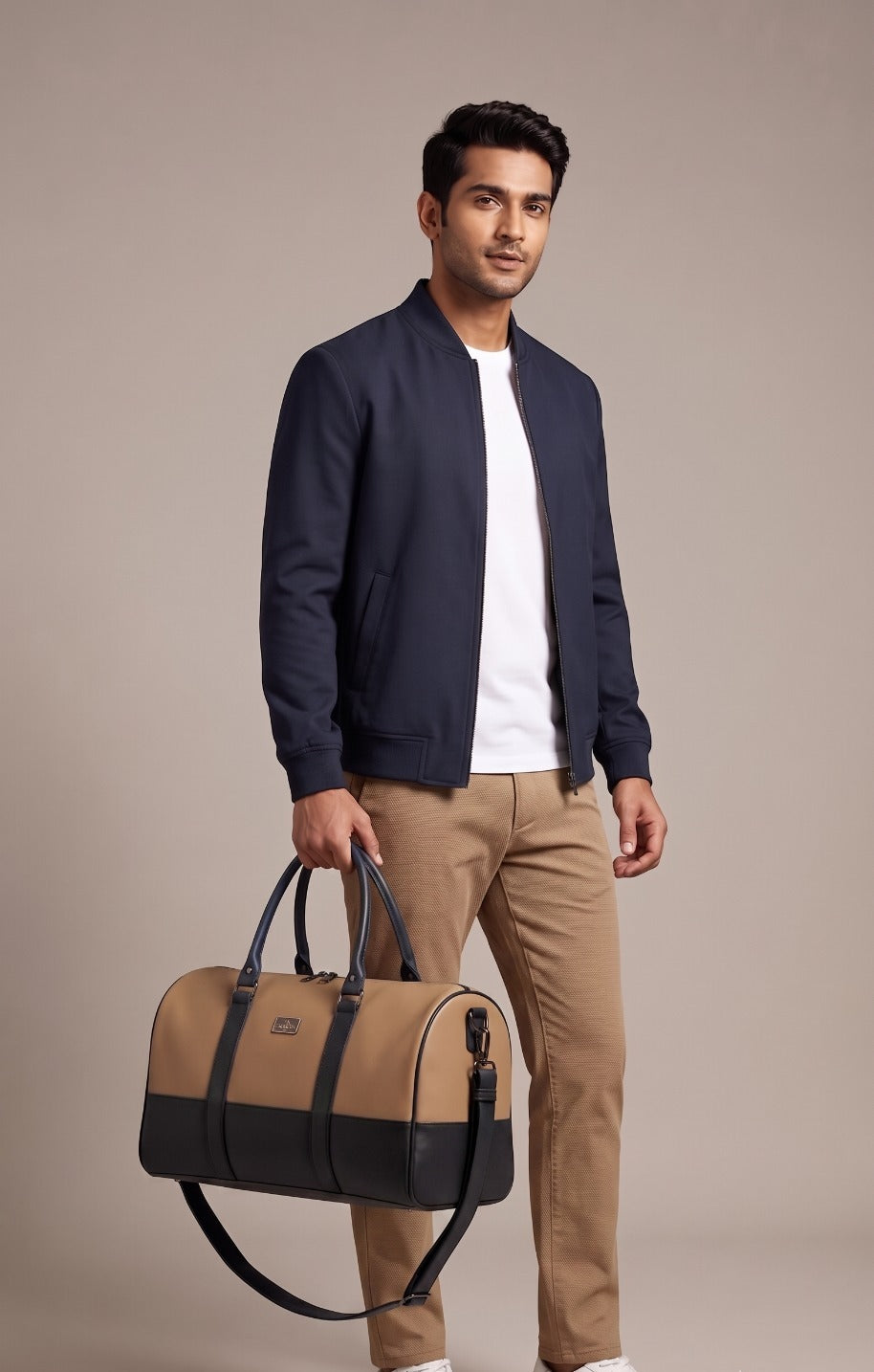 Waterproof Travel Duffle Bag for Men & Women | 3 Inner Pockets | Premium Weekender Luggage Bag | Beige & Navy Blue