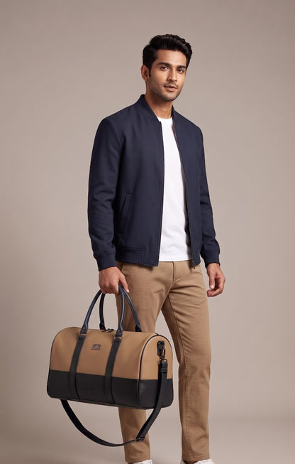 Waterproof Travel Duffle Bag for Men & Women | 3 Inner Pockets | Premium Weekender Luggage Bag | Beige & Navy Blue