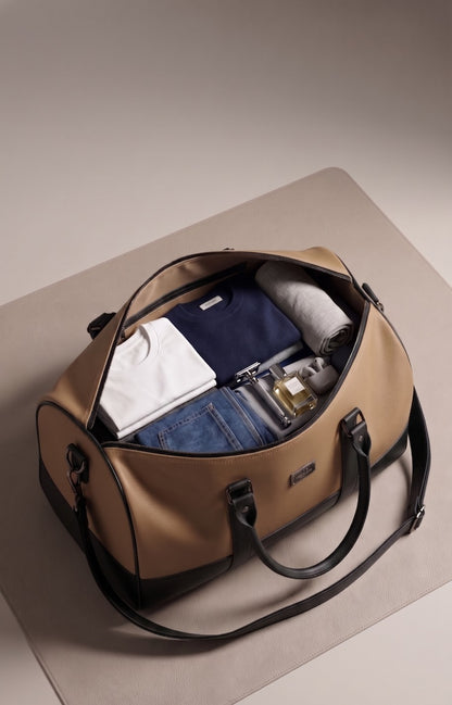 Waterproof Travel Duffle Bag for Men & Women | 3 Inner Pockets | Premium Weekender Luggage Bag | Beige & Navy Blue
